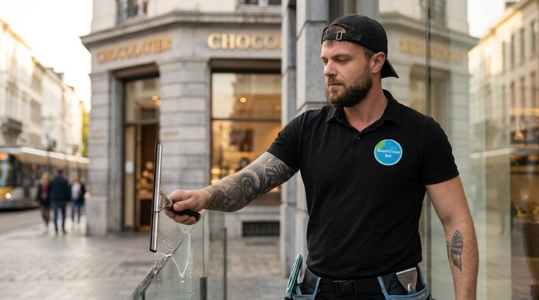Romain, fondateur de BoomClean BXL, en plein nettoyage d'une vitrine de commerce à Bruxelles