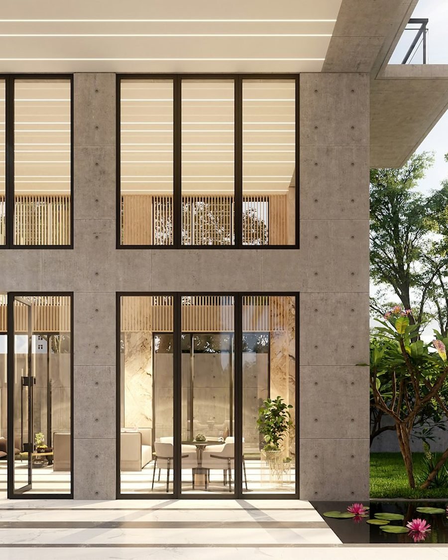 Grande baie vitrée d'une maison moderne, propre et lumineuse